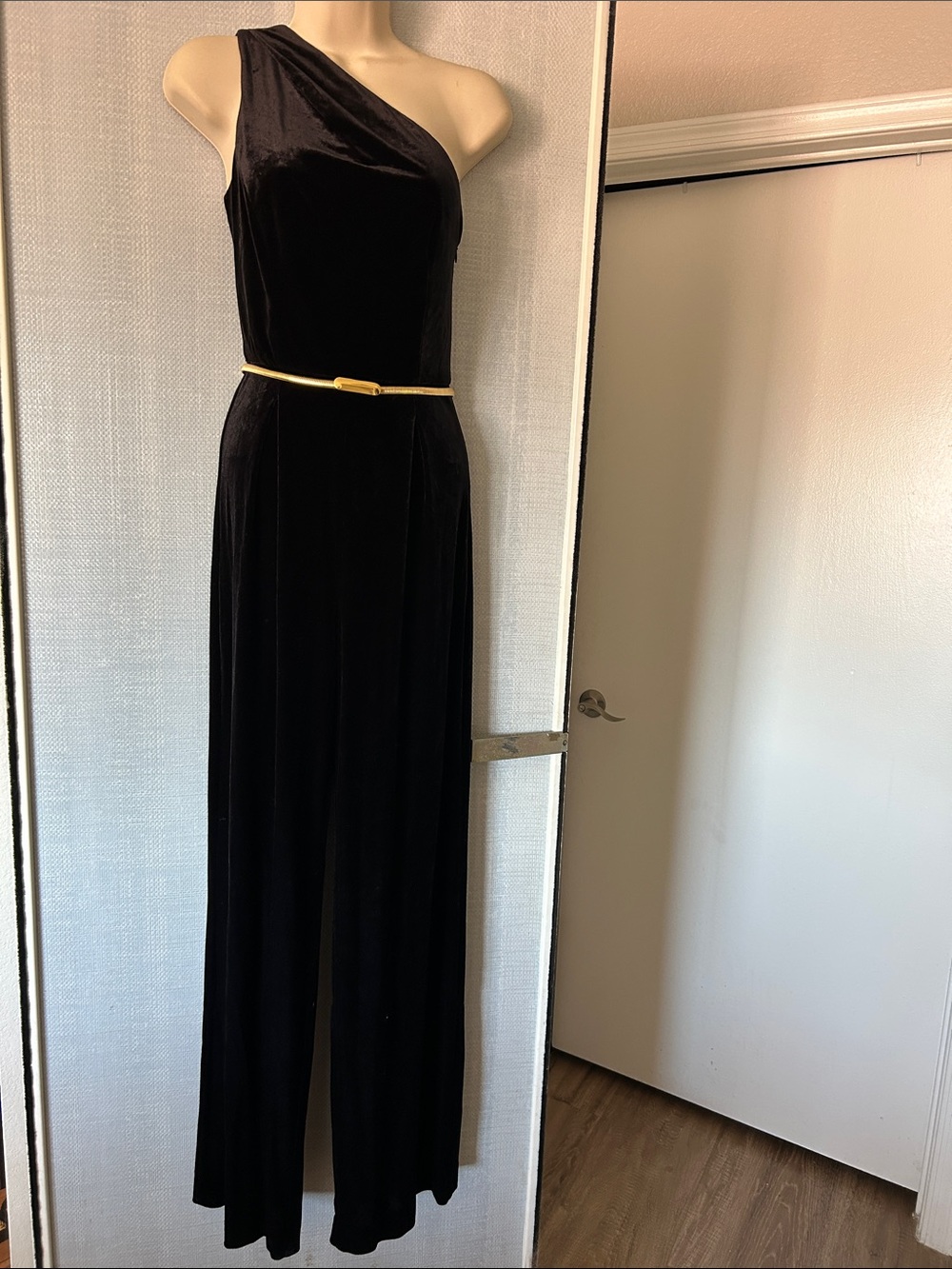 One-Shoulder Black Velvet Jumpsuit